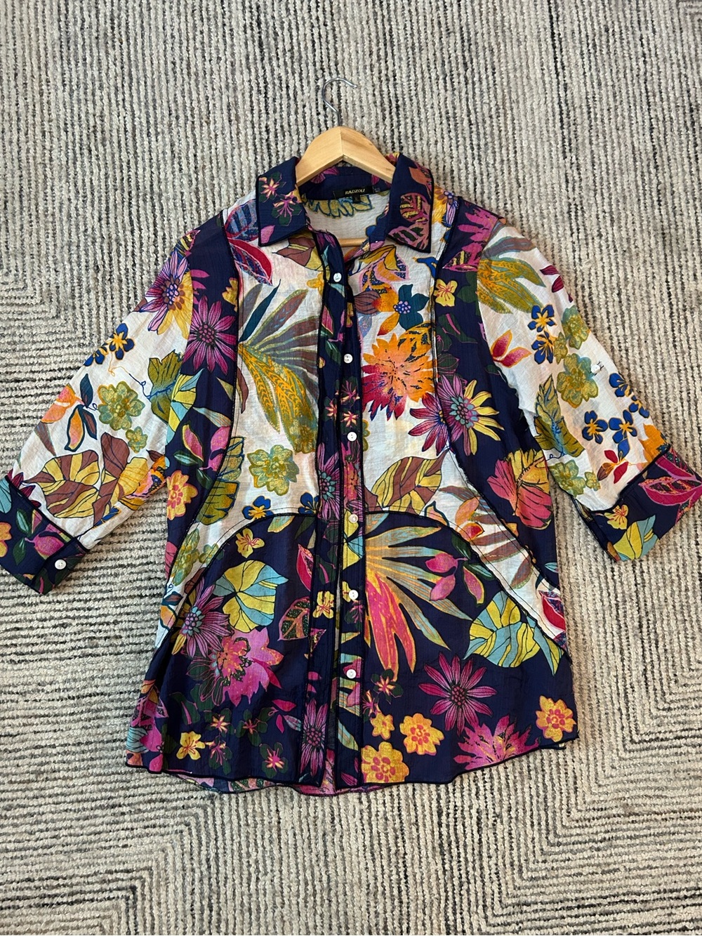 Radzoli Women's Shirt 3/4 Sleeve Multicolor Blouse XL Art To Wear Top Boho Tunic